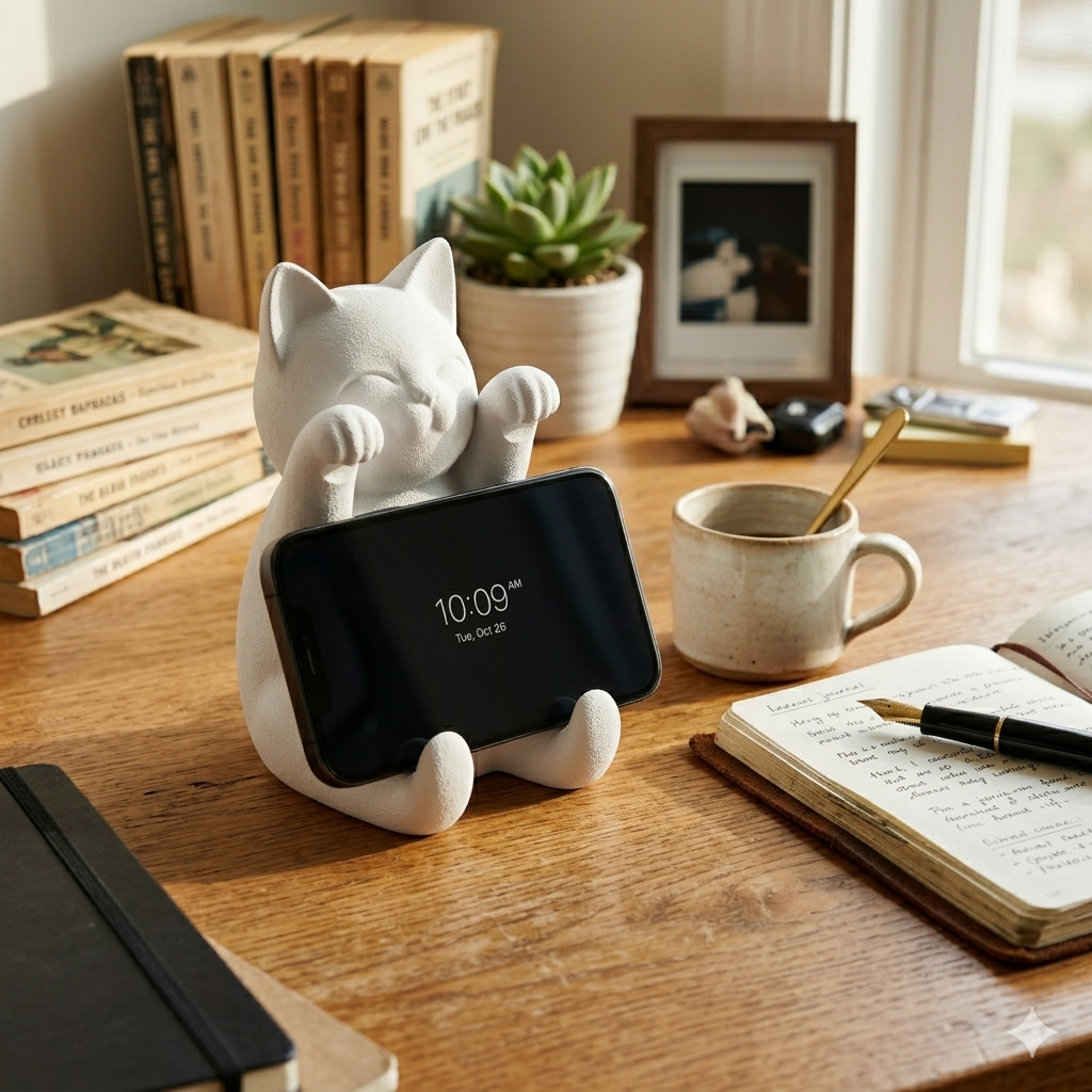 White cat-shaped phone stand