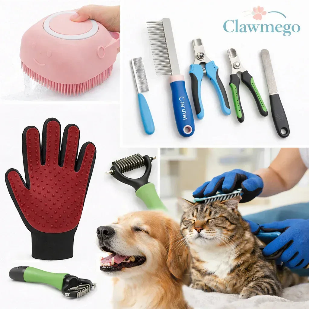 Premium 6-in-1 Pet Grooming Kit – Bath Brush, Comb & Nail CareBath and Groom Combo - Clawmego