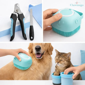 Pet Grooming Combo Kit – Safe Nail Clipper, Silicone Brush & Paw Cleaner - Clawmego