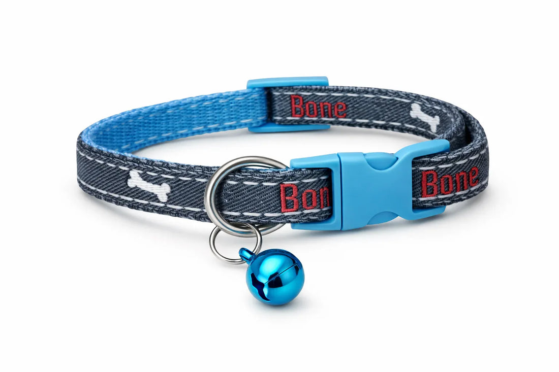 Denim Cat & Puppy Collar with Bones Print – Adjustable, Safe & Comfort Fit - Clawmego