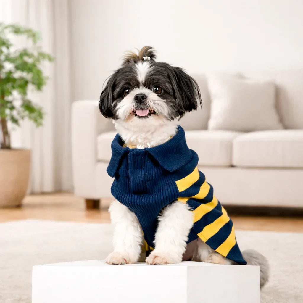 Clawmego Striped Knit Dog Navy Blue Sweater – Warm Comfort Fit - Clawmego