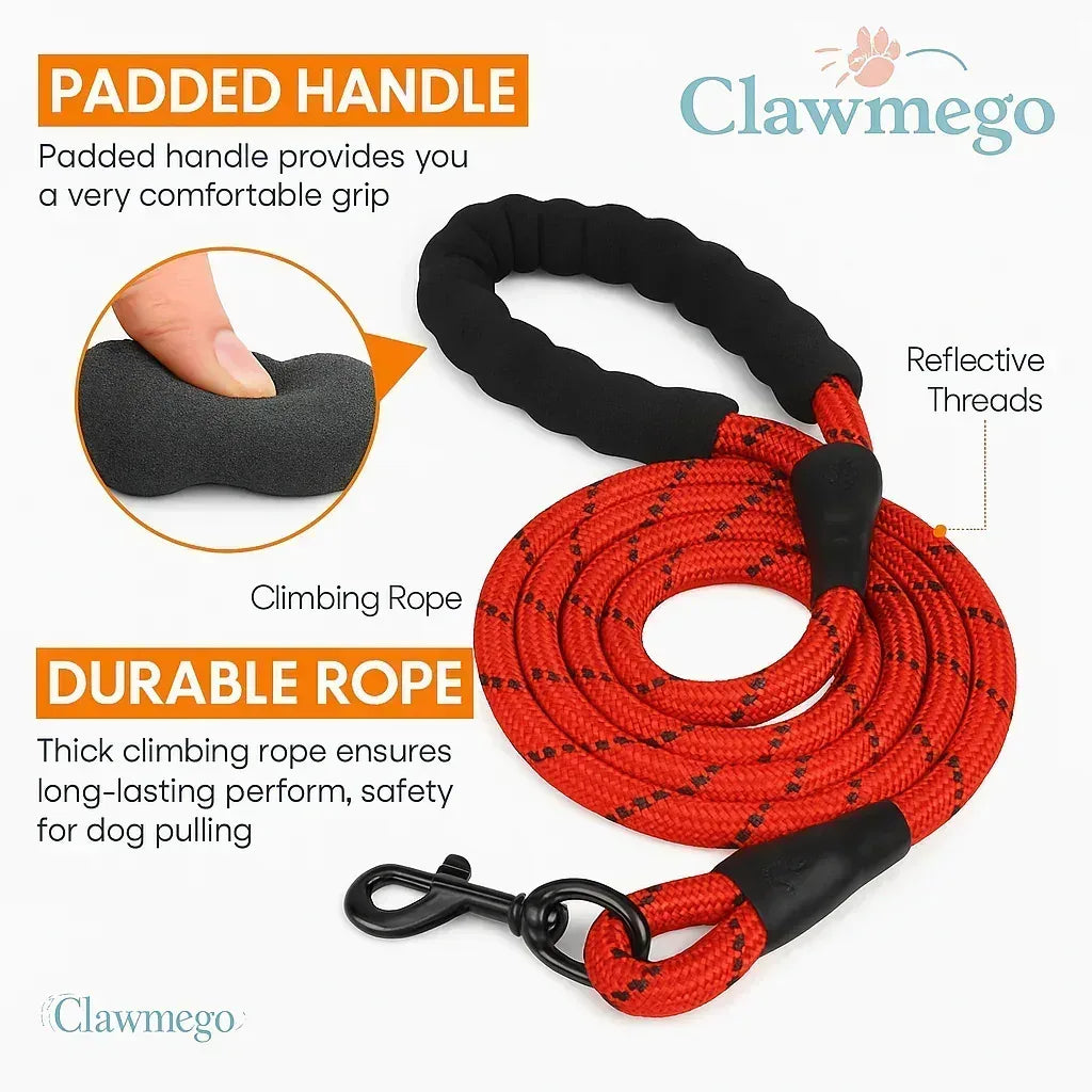 Padded Braided Dog Leash – Heavy Duty, Comfort Grip Pet Leash - Clawmego