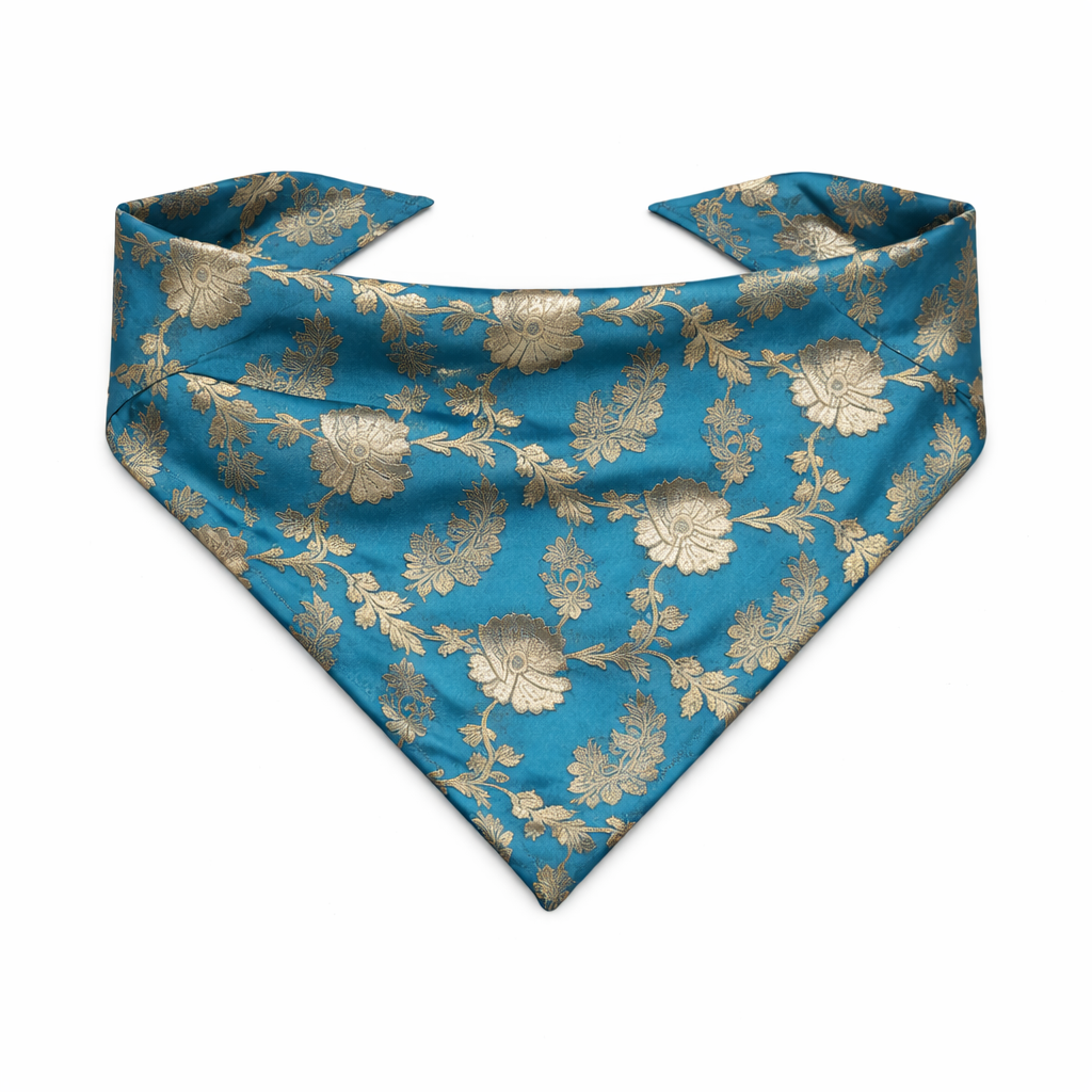 Clawmego Premium Pet Bandana for Dogs_Gold Floral Accents in Baby Blue