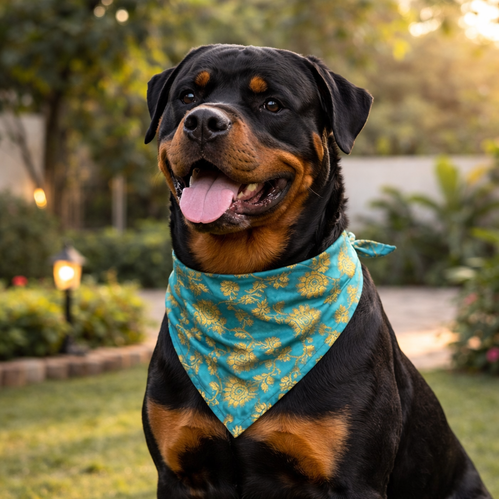 Clawmego Premium Pet Bandana for Dogs_Gold Floral Accents in Baby Blue