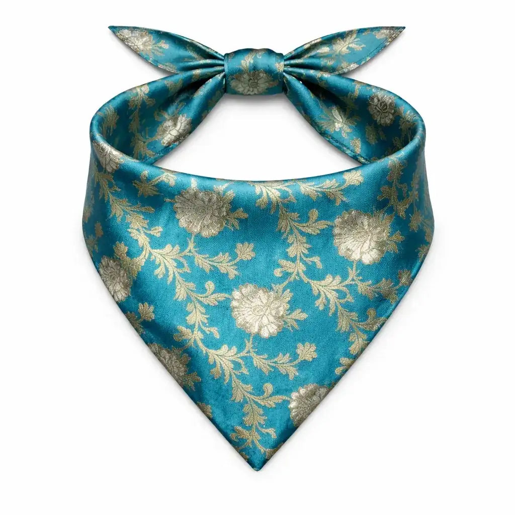 Clawmego Premium Pet Bandana for Dogs_Gold Floral Accents in Baby Blue