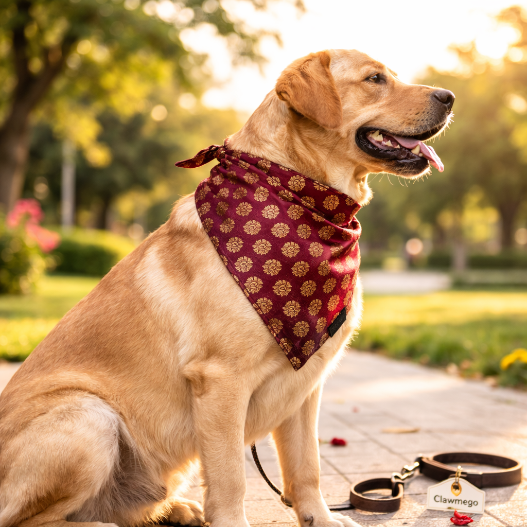 Clawmego Premium Pet Bandana for Dogs_Maroon with Gold Accents