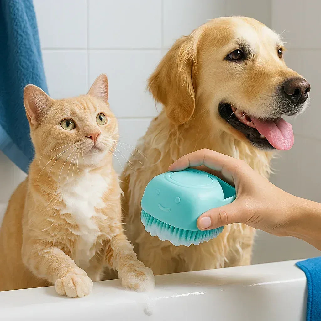 Silicone Pet Bath Brush – Grooming Scrubber with Built-In Soap Dispenser - Clawmego