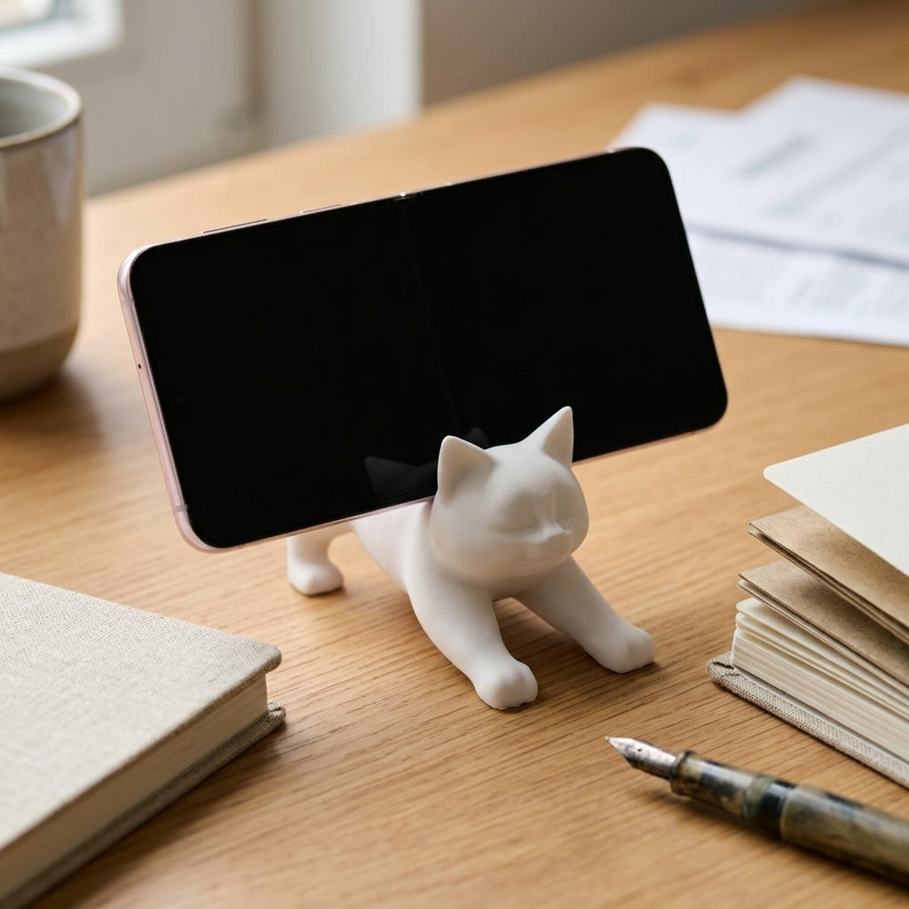 White cat-shaped phone stand holding a smartphone