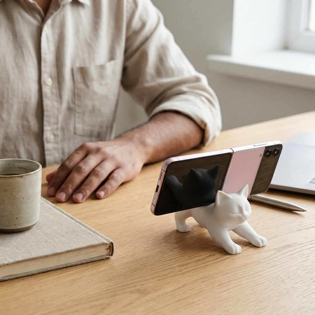 White cat-shaped phone stand holding a smartphone
