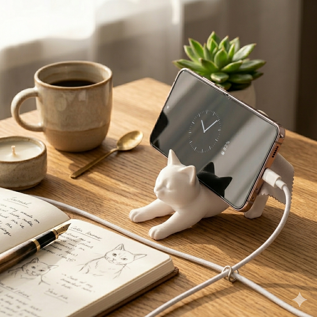 White cat-shaped phone stand holding a smartphone