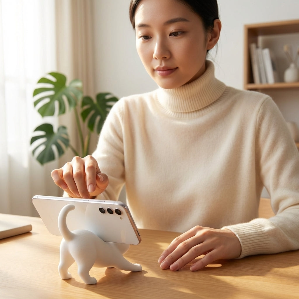 White cat-shaped phone stand holding a smartphone