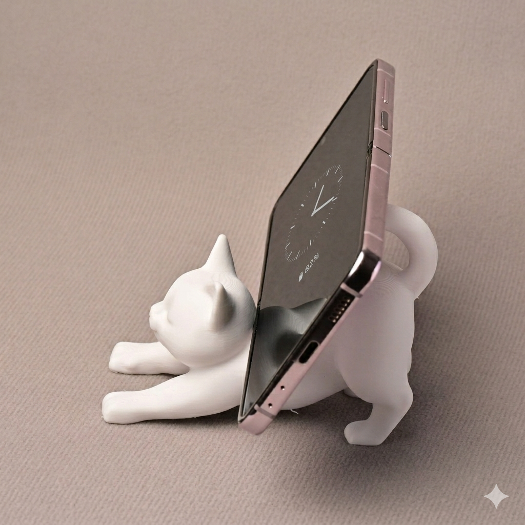 White cat-shaped phone stand holding a smartphone