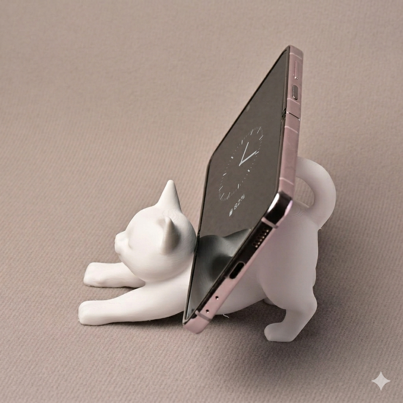 White cat-shaped phone stand holding a smartphone