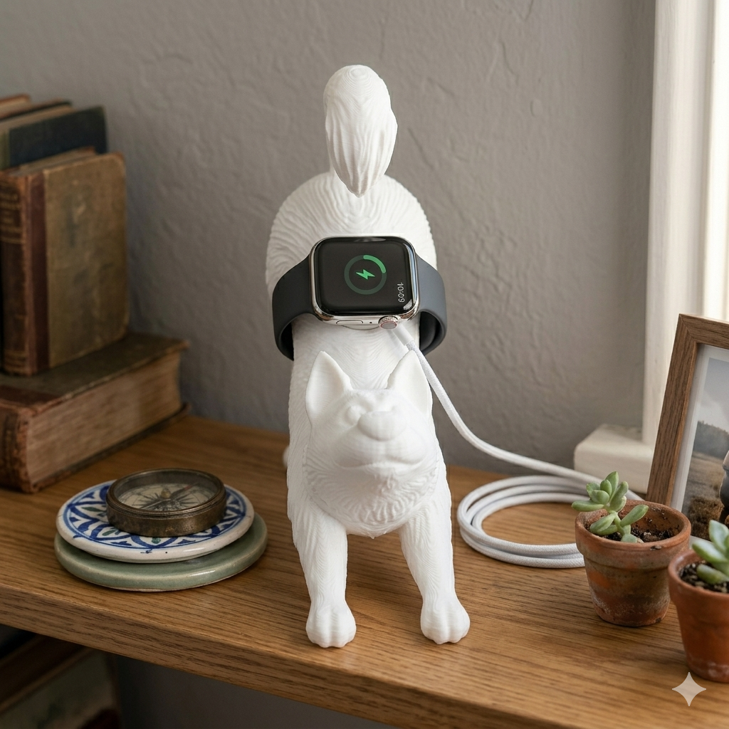 Smartwatch on a stand with a white dog figurine