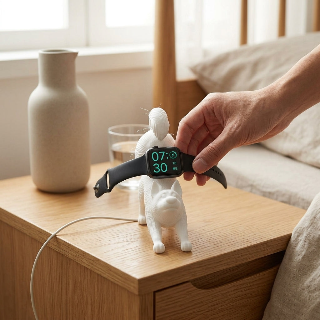 Smartwatch on a stand with a white dog figurine