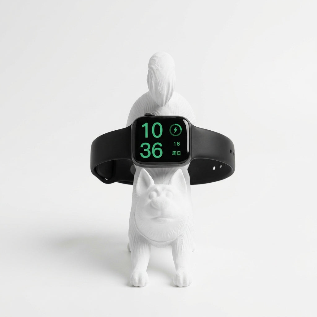 Smartwatch on a stand with a white dog figurine