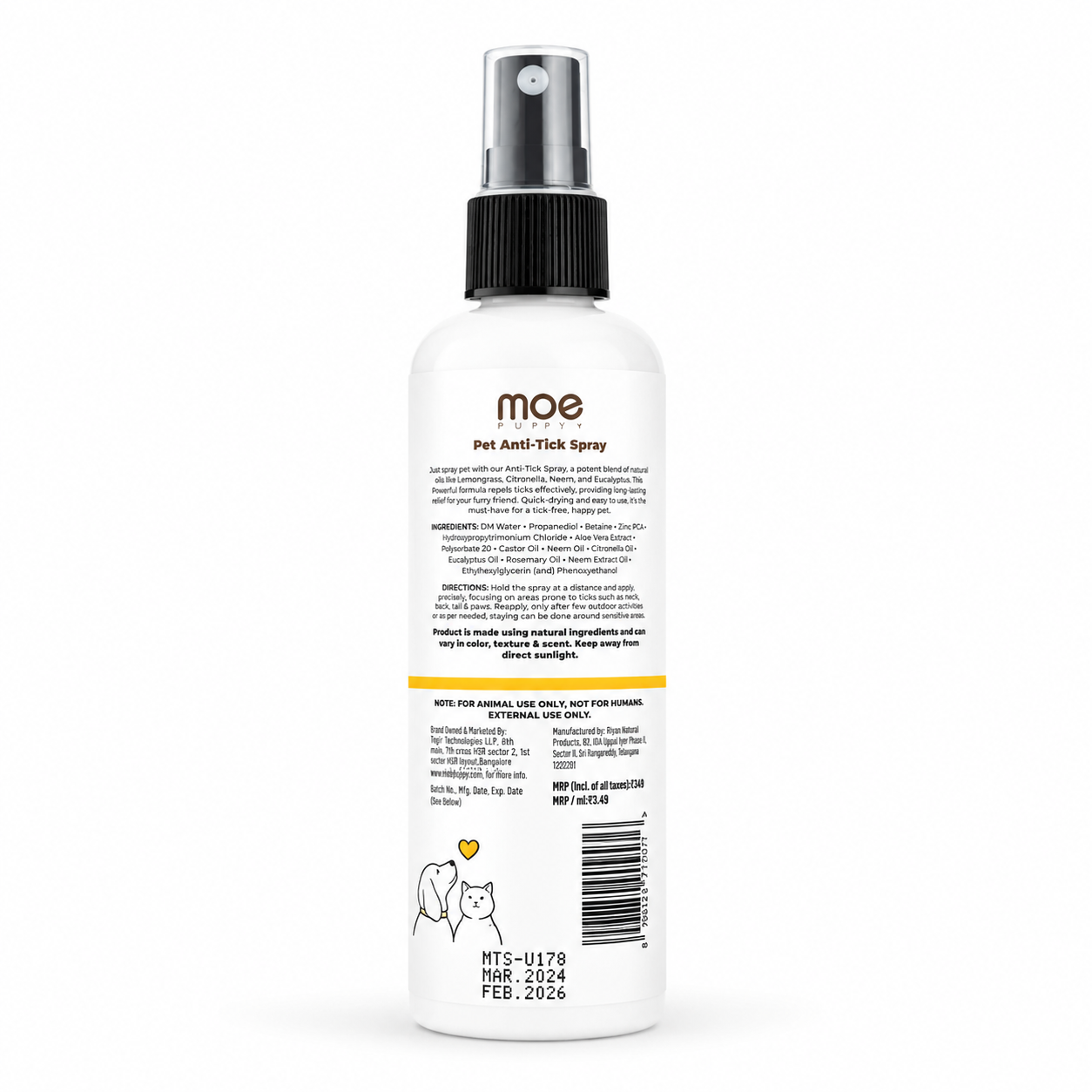 Moe Puppy Natural Anti-Tick Spray for Dogs & Cats – Flea Protection