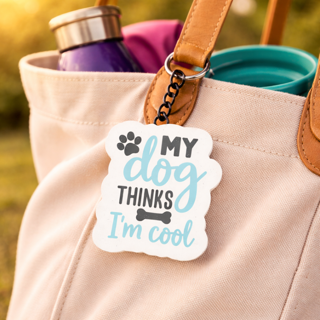 Keychain with My dog thinks I'm cool
