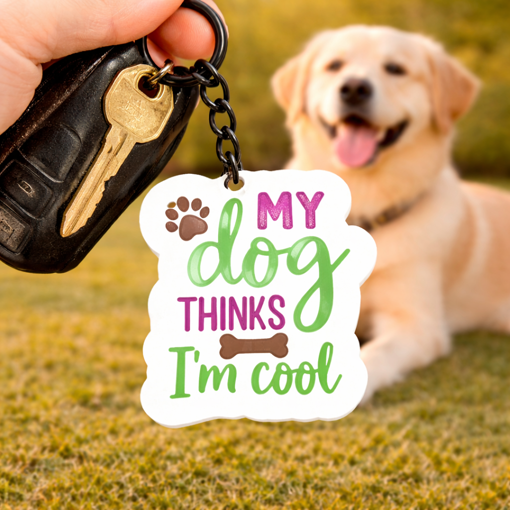 Keychain with My dog thinks I'm cool
