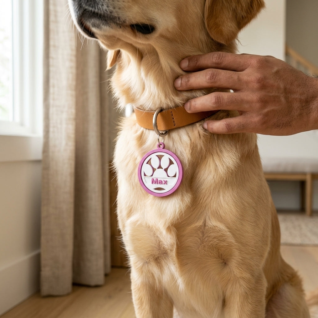 Keychain with paw print design and name engraved
