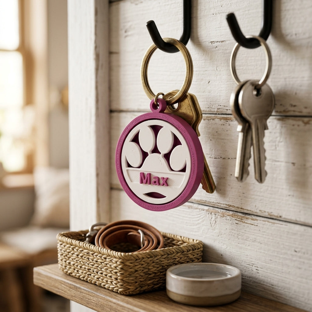 Keychain with paw print design and name engraved