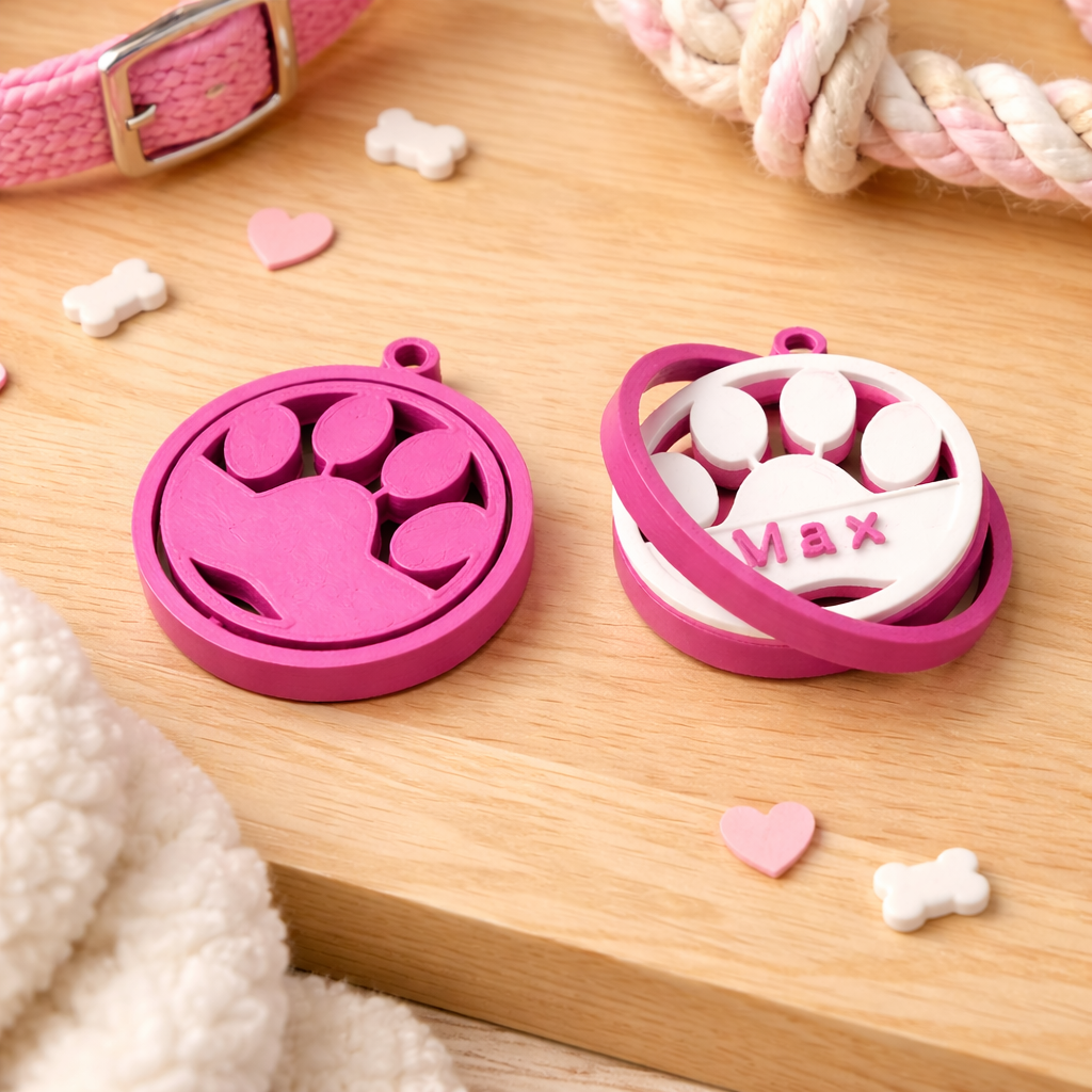 Keychain with paw print design and name engraved
