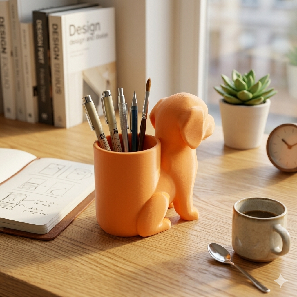 Orange dog-shaped pen holder
