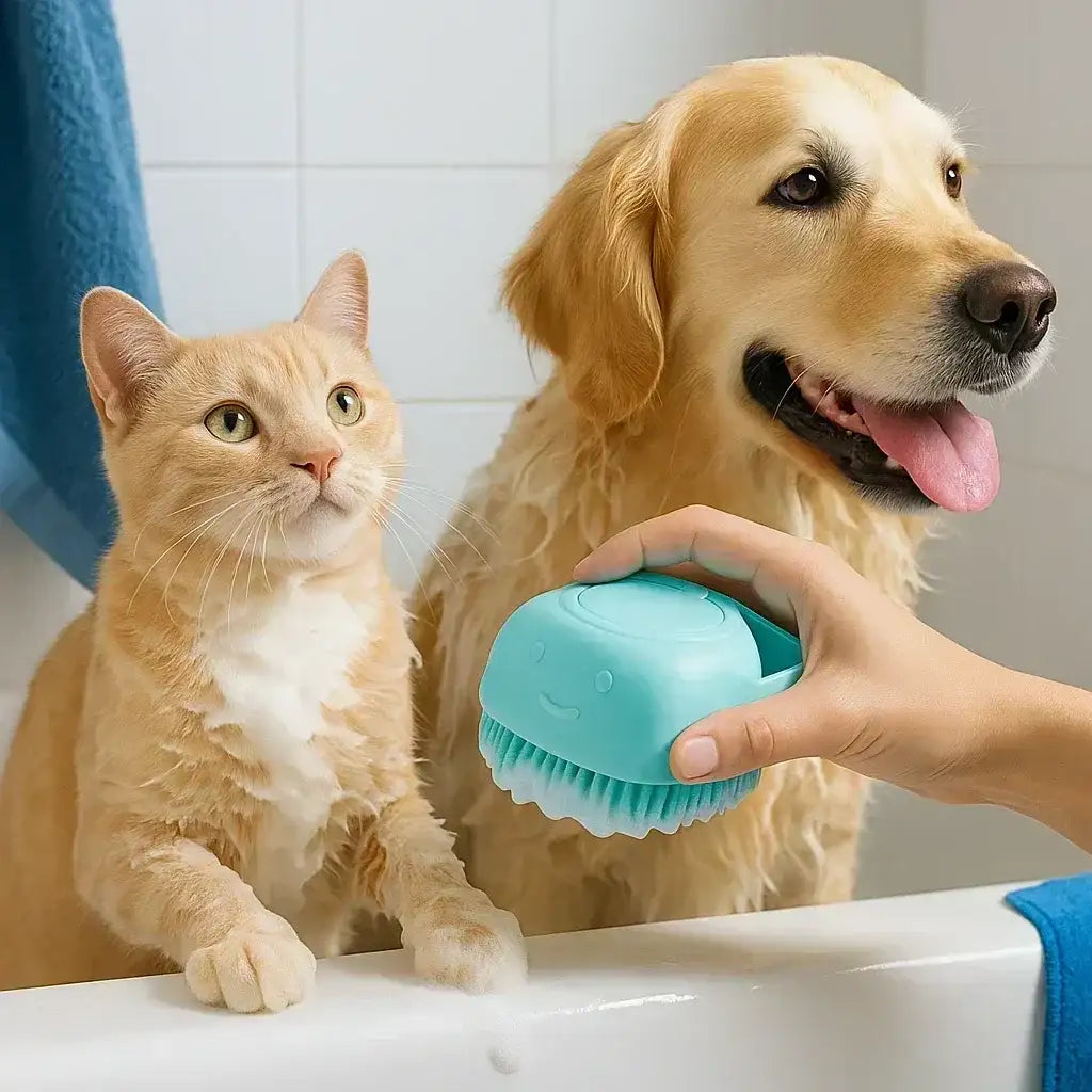 Silicone Pet Bath Brush – Grooming Scrubber with Built-In Soap Dispenser - Clawmego